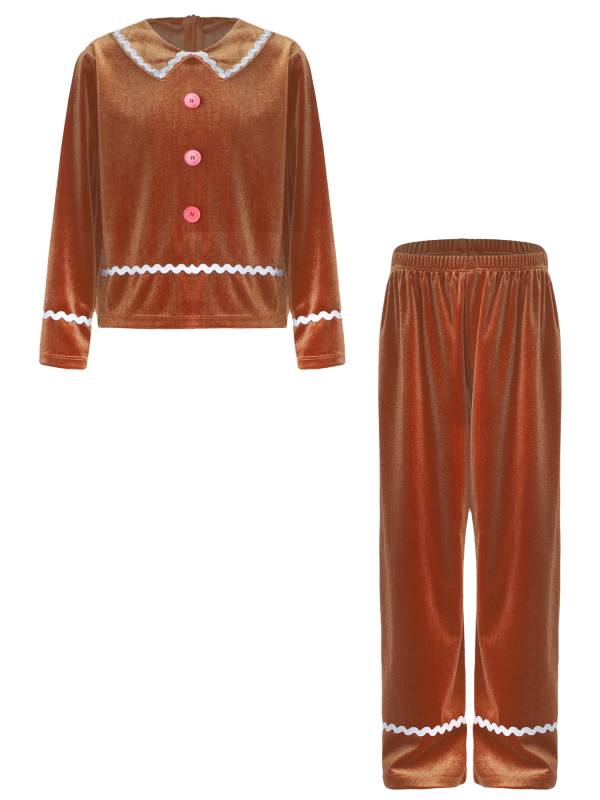 Kids 2pcs Velvet Long Sleeve Top and Pants Gingerbread Man Costume Suit thumb