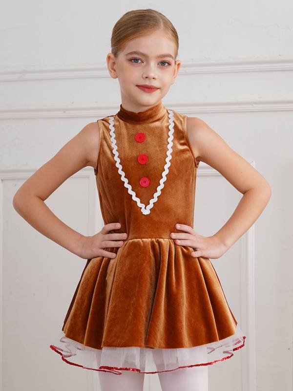 Kids Girls Christmas Gingerbread Man Sleeveless Velvet Tutu Dress thumb