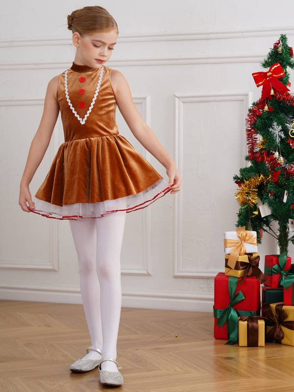 Kids Girls Christmas Gingerbread Man Sleeveless Velvet Tutu Dress thumb