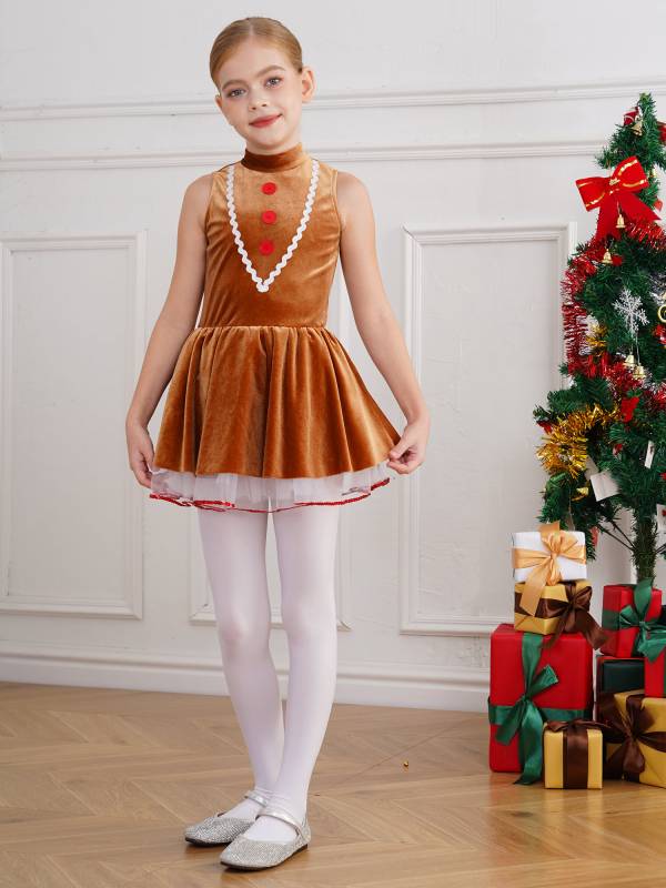 Kids Girls Christmas Gingerbread Man Sleeveless Velvet Tutu Dress thumb