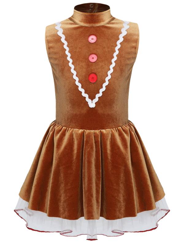 Kids Girls Christmas Gingerbread Man Sleeveless Velvet Tutu Dress thumb
