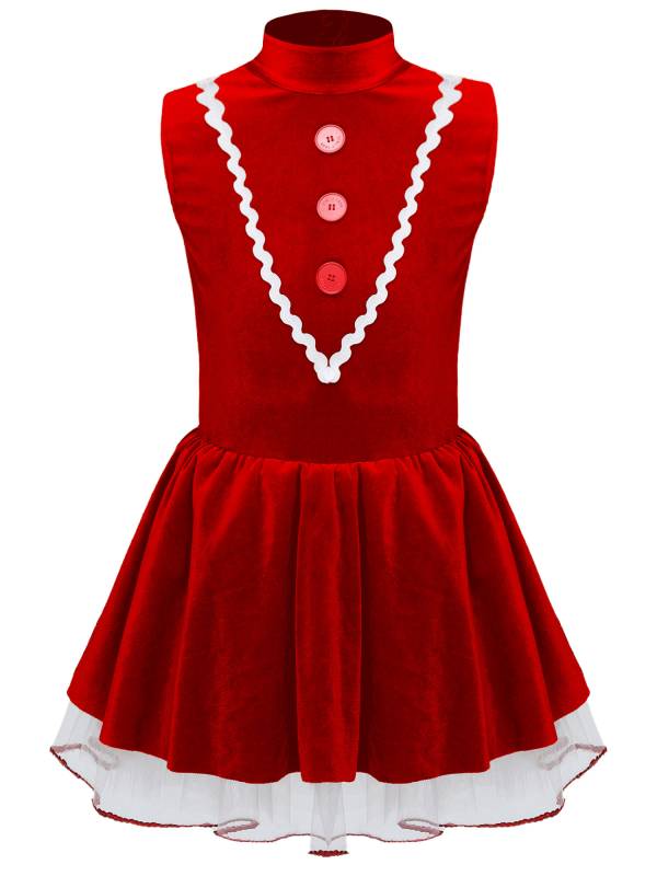 Kids Girls Christmas Gingerbread Man Sleeveless Velvet Tutu Dress thumb