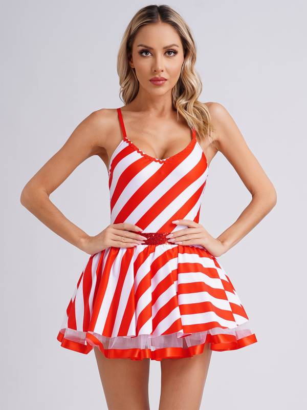 Women Christmas Spaghetti Straps V Neck Sequins Striped Tutu Dress thumb