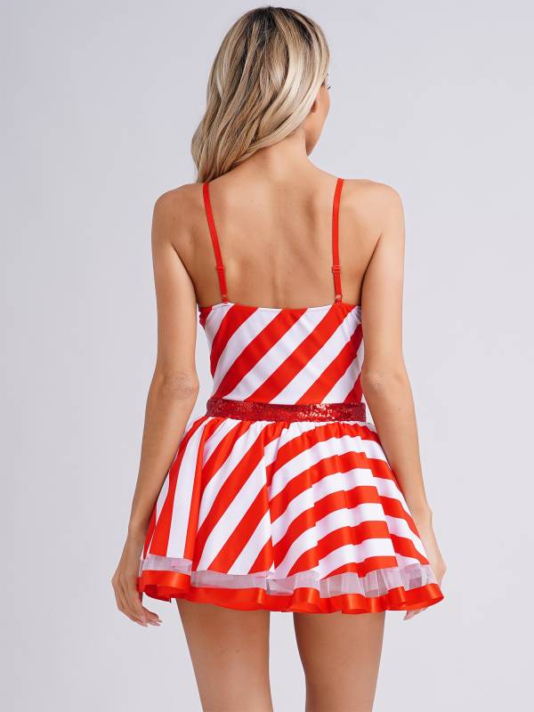 Women Christmas Spaghetti Straps V Neck Sequins Striped Tutu Dress thumb