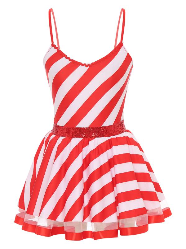 Women Christmas Spaghetti Straps V Neck Sequins Striped Tutu Dress thumb