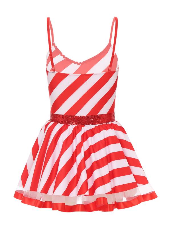 Women Christmas Spaghetti Straps V Neck Sequins Striped Tutu Dress thumb