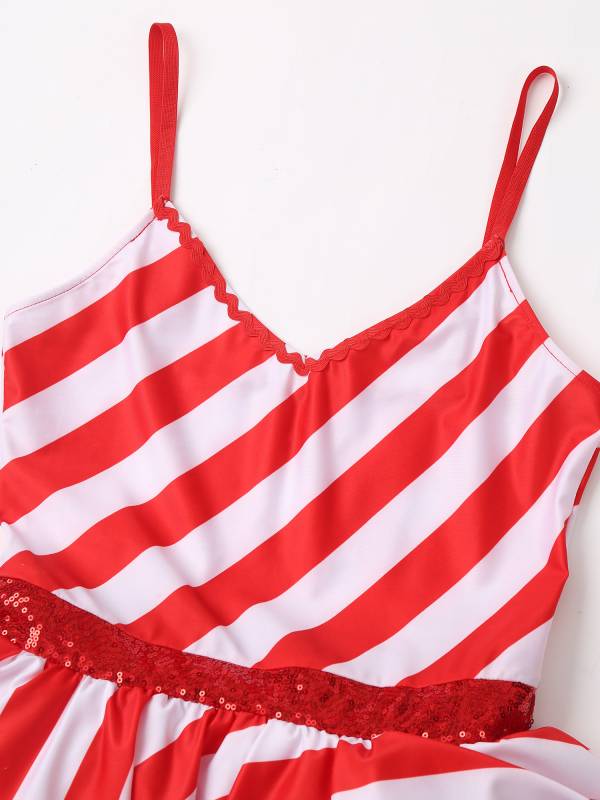 Women Christmas Spaghetti Straps V Neck Sequins Striped Tutu Dress thumb