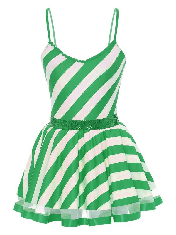 Women Christmas Spaghetti Straps V Neck Sequins Striped Tutu Dress thumb