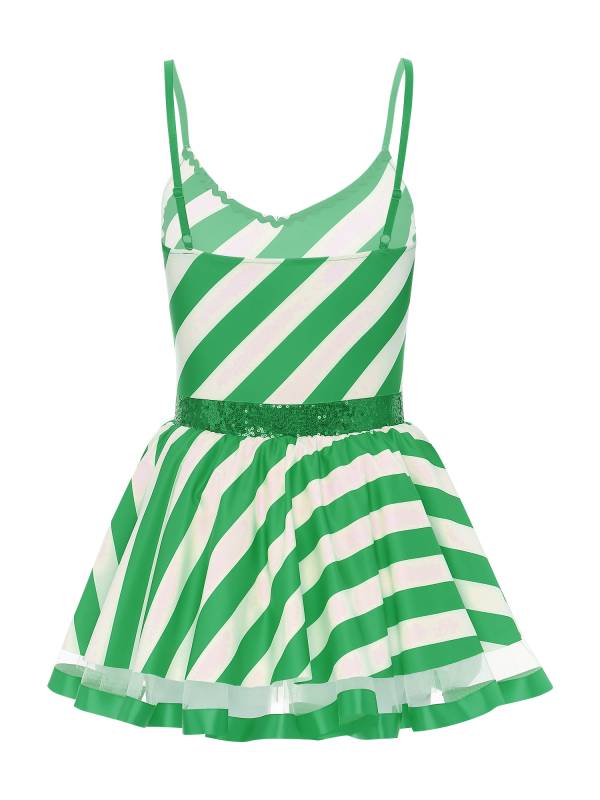 Women Christmas Spaghetti Straps V Neck Sequins Striped Tutu Dress thumb