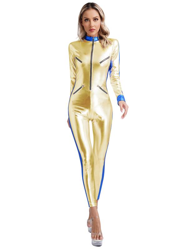Women Long Sleeve Front Zip Metallic Galaxy Astronaut Costume Jumpsuit thumb