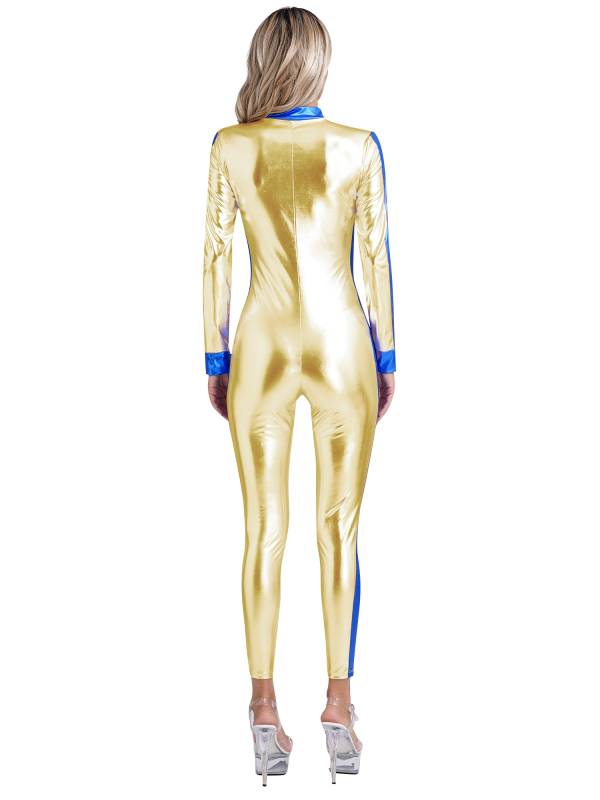 Women Long Sleeve Front Zip Metallic Galaxy Astronaut Costume Jumpsuit thumb