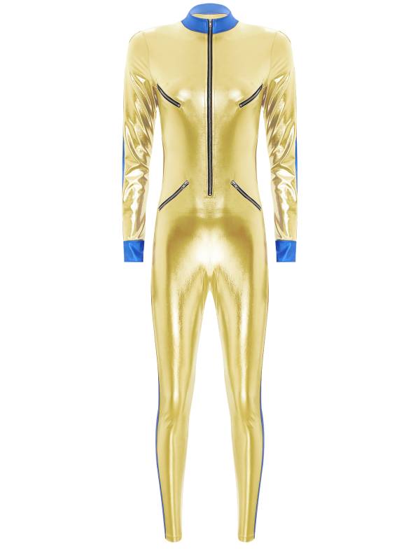 Women Long Sleeve Front Zip Metallic Galaxy Astronaut Costume Jumpsuit thumb