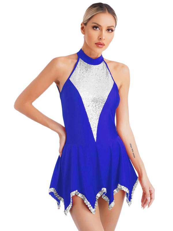 Women Sequin Halter Neck Sleeveless Latin Dance Leotard Dress thumb