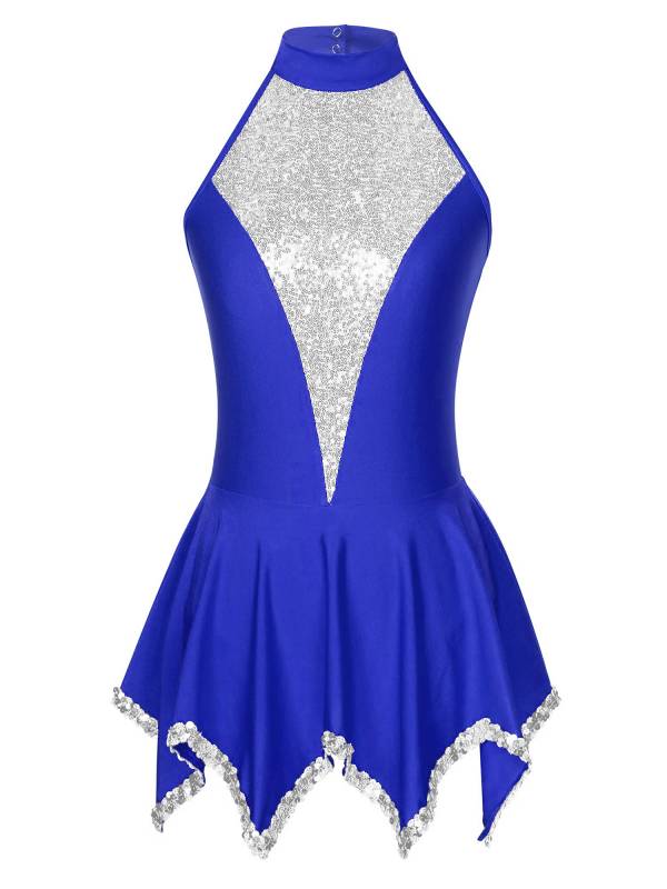 Women Sequin Halter Neck Sleeveless Latin Dance Leotard Dress thumb