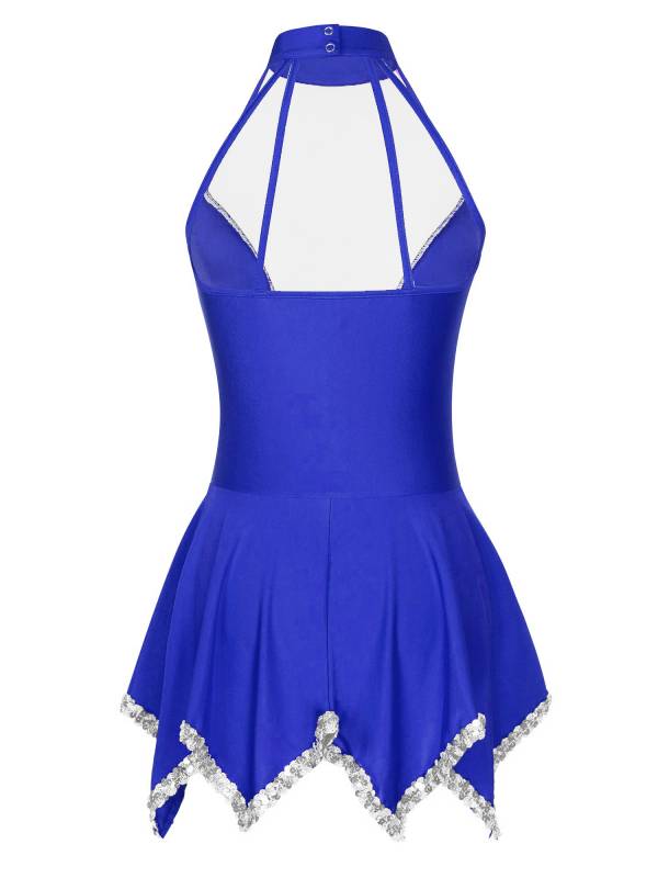 Women Sequin Halter Neck Sleeveless Latin Dance Leotard Dress thumb
