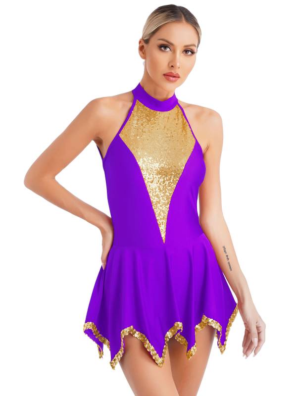 Women Sequin Halter Neck Sleeveless Latin Dance Leotard Dress thumb