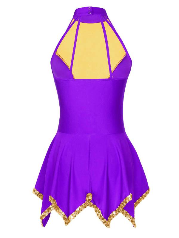 Women Sequin Halter Neck Sleeveless Latin Dance Leotard Dress thumb