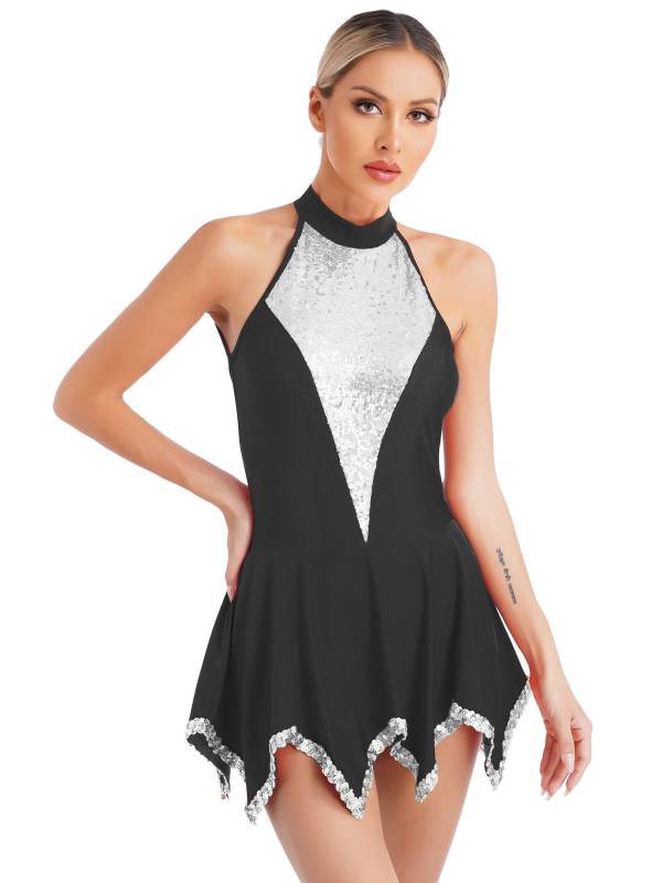Women Sequin Halter Neck Sleeveless Latin Dance Leotard Dress thumb