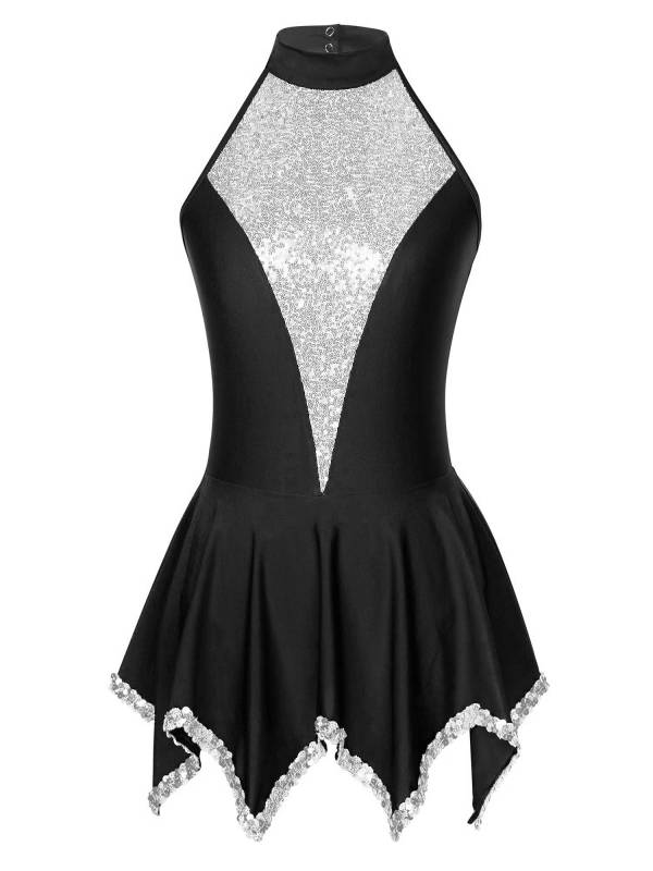 Women Sequin Halter Neck Sleeveless Latin Dance Leotard Dress thumb
