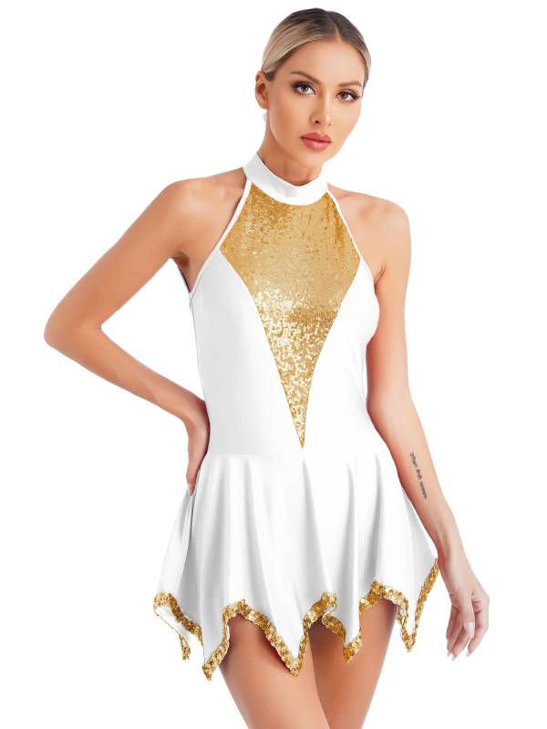 Women Sequin Halter Neck Sleeveless Latin Dance Leotard Dress thumb