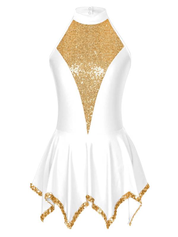 Women Sequin Halter Neck Sleeveless Latin Dance Leotard Dress thumb