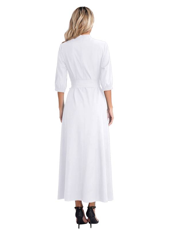 Women Mock Neck 3/4 Sleeve Solid Color Maxi Dress with Belt thumb