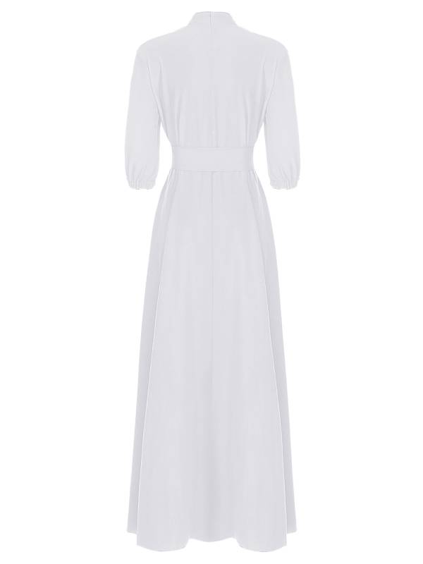 Women Mock Neck 3/4 Sleeve Solid Color Maxi Dress with Belt thumb
