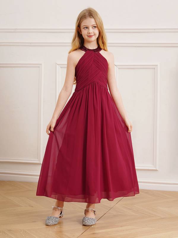Kids Girls Chiffon Sequin Sleeveless Ruched Bodice Maxi Prom Dress thumb