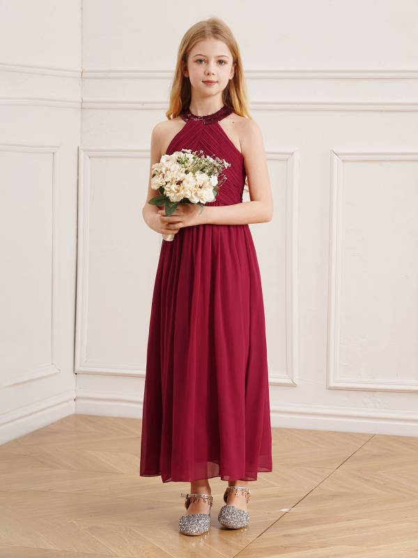 Kids Girls Chiffon Sequin Sleeveless Ruched Bodice Maxi Prom Dress thumb