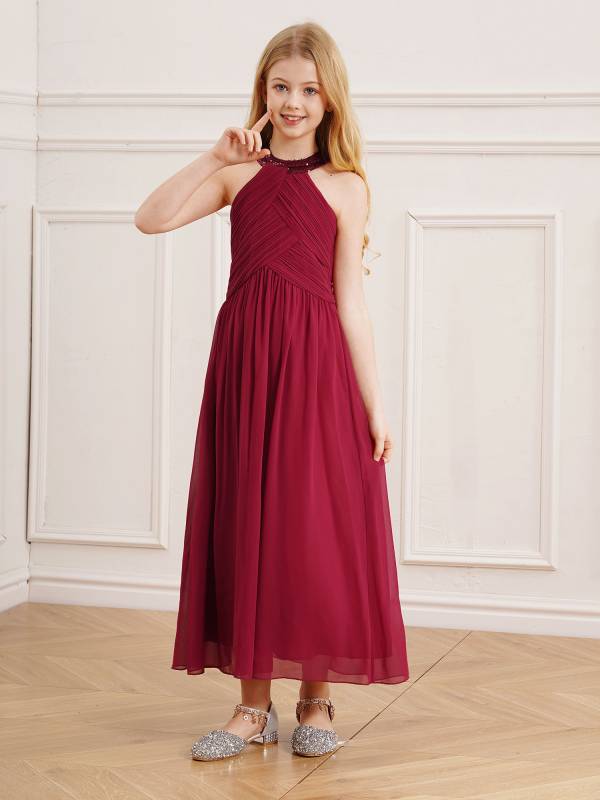 Kids Girls Chiffon Sequin Sleeveless Ruched Bodice Maxi Prom Dress thumb