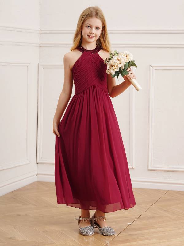 Kids Girls Chiffon Sequin Sleeveless Ruched Bodice Maxi Prom Dress thumb