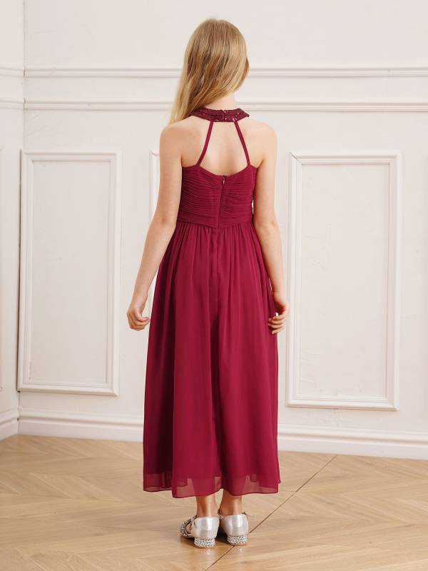 Kids Girls Chiffon Sequin Sleeveless Ruched Bodice Maxi Prom Dress thumb