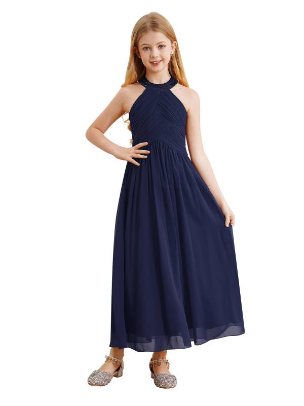 Kids Girls Chiffon Sequin Sleeveless Ruched Bodice Maxi Prom Dress thumb