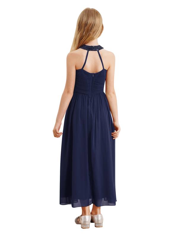 Kids Girls Chiffon Sequin Sleeveless Ruched Bodice Maxi Prom Dress thumb