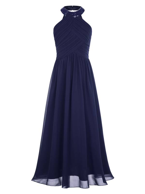 Kids Girls Chiffon Sequin Sleeveless Ruched Bodice Maxi Prom Dress thumb
