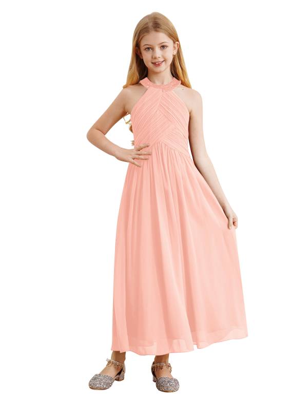 Kids Girls Chiffon Sequin Sleeveless Ruched Bodice Maxi Prom Dress thumb