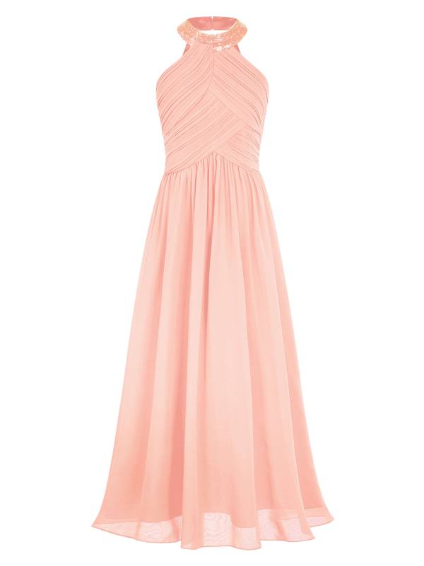 Kids Girls Chiffon Sequin Sleeveless Ruched Bodice Maxi Prom Dress thumb
