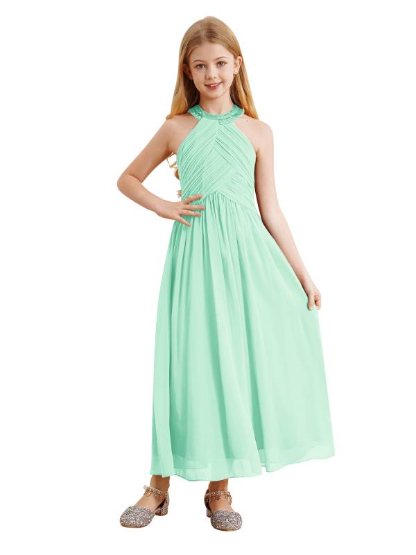 Kids Girls Chiffon Sequin Sleeveless Ruched Bodice Maxi Prom Dress thumb