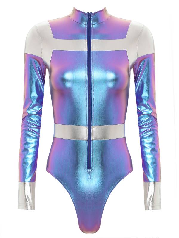 Women Mock Neck Long Sleeve Metallic Astronaut Costume Bodysuit thumb