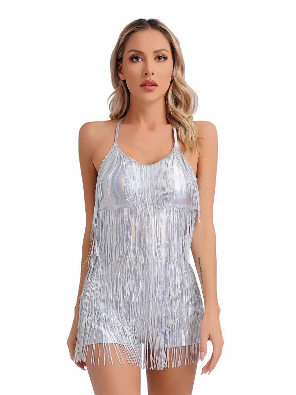 Women Sequin Halter Neck Backless Tassel Romper for Latin Dance Cocktail thumb