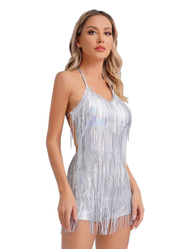 Women Sequin Halter Neck Backless Tassel Romper for Latin Dance Cocktail thumb
