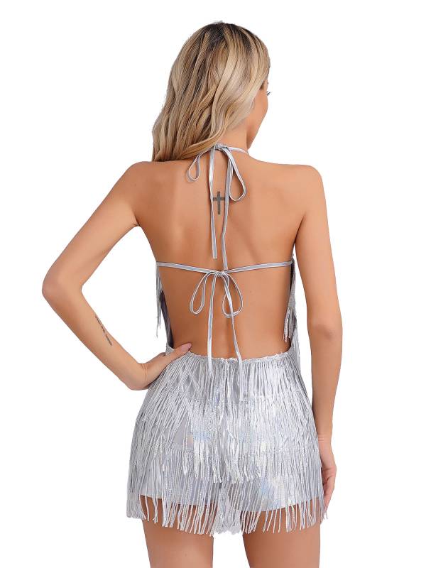 Women Sequin Halter Neck Backless Tassel Romper for Latin Dance Cocktail thumb