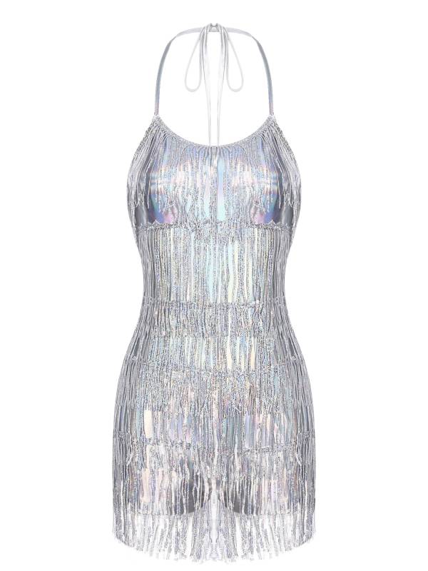 Women Sequin Halter Neck Backless Tassel Romper for Latin Dance Cocktail thumb
