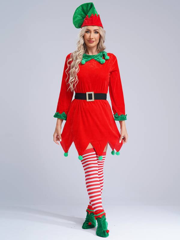 Women 6pcs Christmas Long Sleeve Pompom Dress with Stockings Elf Costume Sets thumb