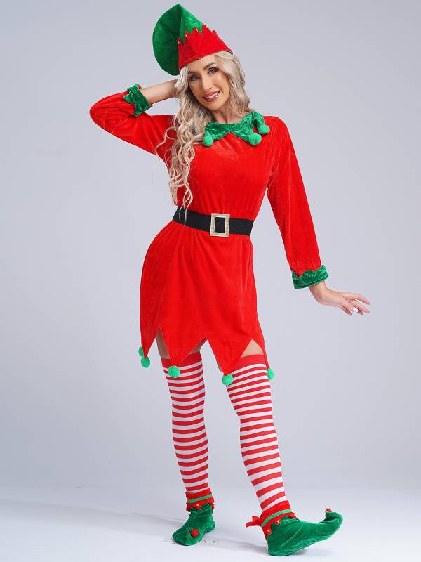 Women 6pcs Christmas Long Sleeve Pompom Dress with Stockings Elf Costume Sets thumb
