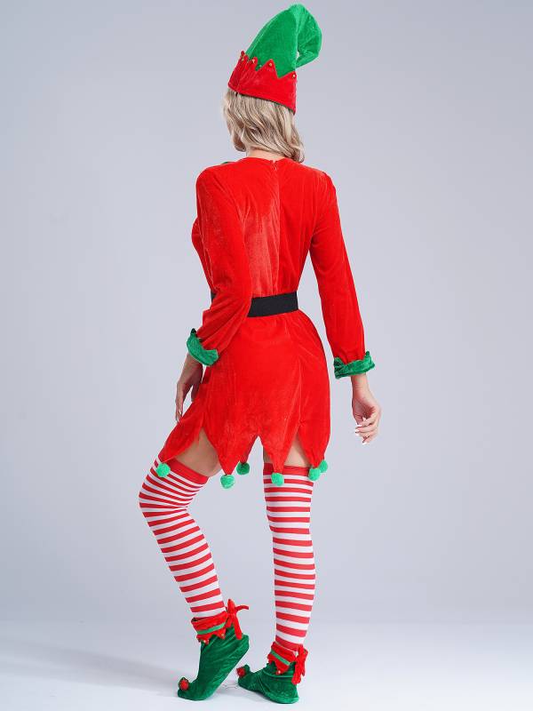 Women 6pcs Christmas Long Sleeve Pompom Dress with Stockings Elf Costume Sets thumb