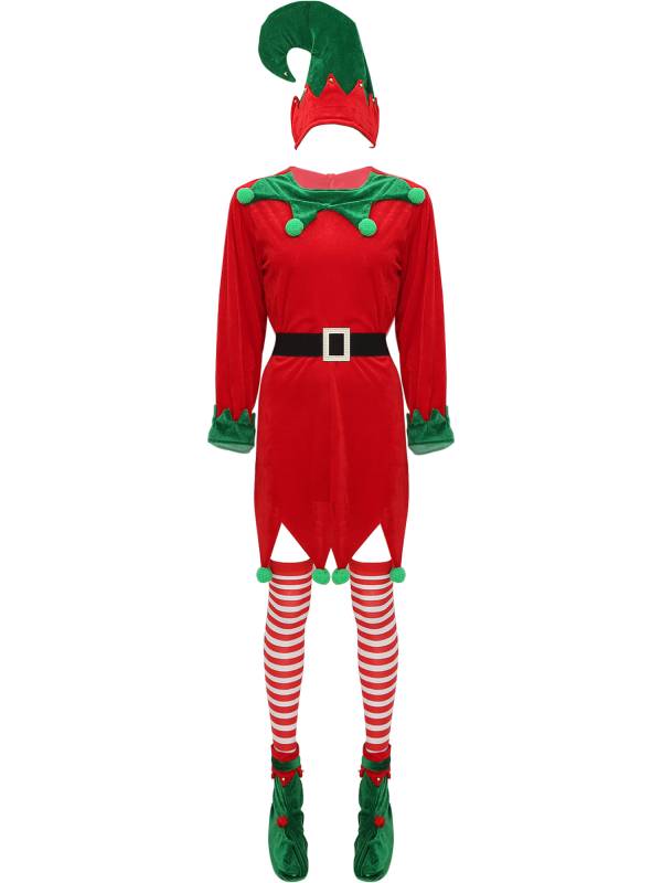 Women 6pcs Christmas Long Sleeve Pompom Dress with Stockings Elf Costume Sets thumb