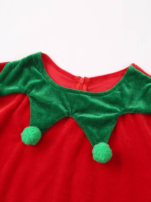 Women 6pcs Christmas Long Sleeve Pompom Dress with Stockings Elf Costume Sets thumb