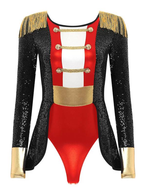 Women Long Sleeve Allover Sequin Circus Ringmaster Cosplay Bodysuit thumb