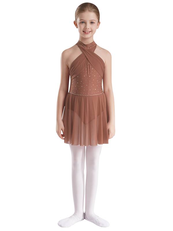 Kids Girls Halter Neck Sleeveless Rhinestones Mesh Skating Leotard Dress thumb